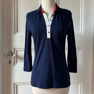 Golfino Women’s Golf Navy Blue 3/4 Sleeve Polo Shirt with Red White Accents US 6